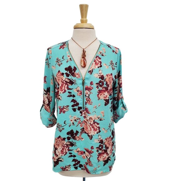 Rue21 Aqua Floral Print Blouse With Gold Zip Neck and Roll Tab Sleeves Womens M - Picture 1 of 14